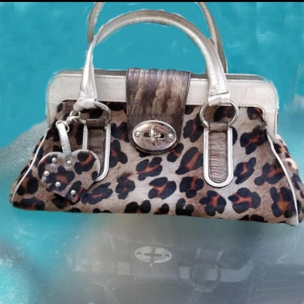 Bizroma Leopard Snake Mobwife Satchel Handbag Made in Italy Silver Heart Charm